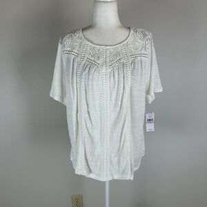 White Crochet Lace Embroidered Ivory Top Blouse Size 2X Preppy Boho